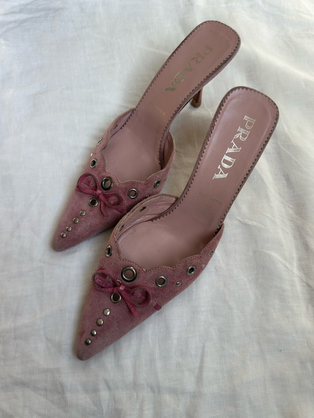 Prada Rose Pink Suede Pointed Mules with Grommet Detail